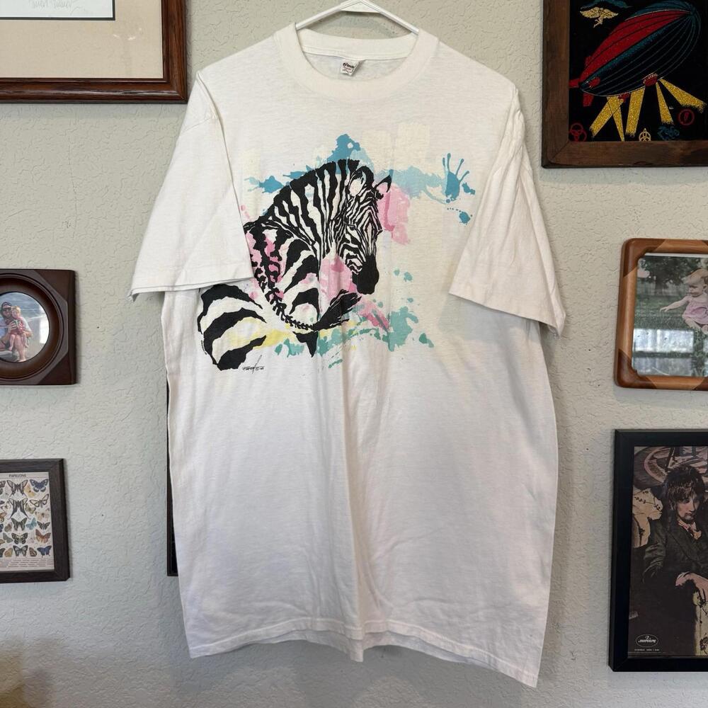 Vintage 1989 Colorful Zebra Nature Animal Safari White Shirt Size Men’s XL